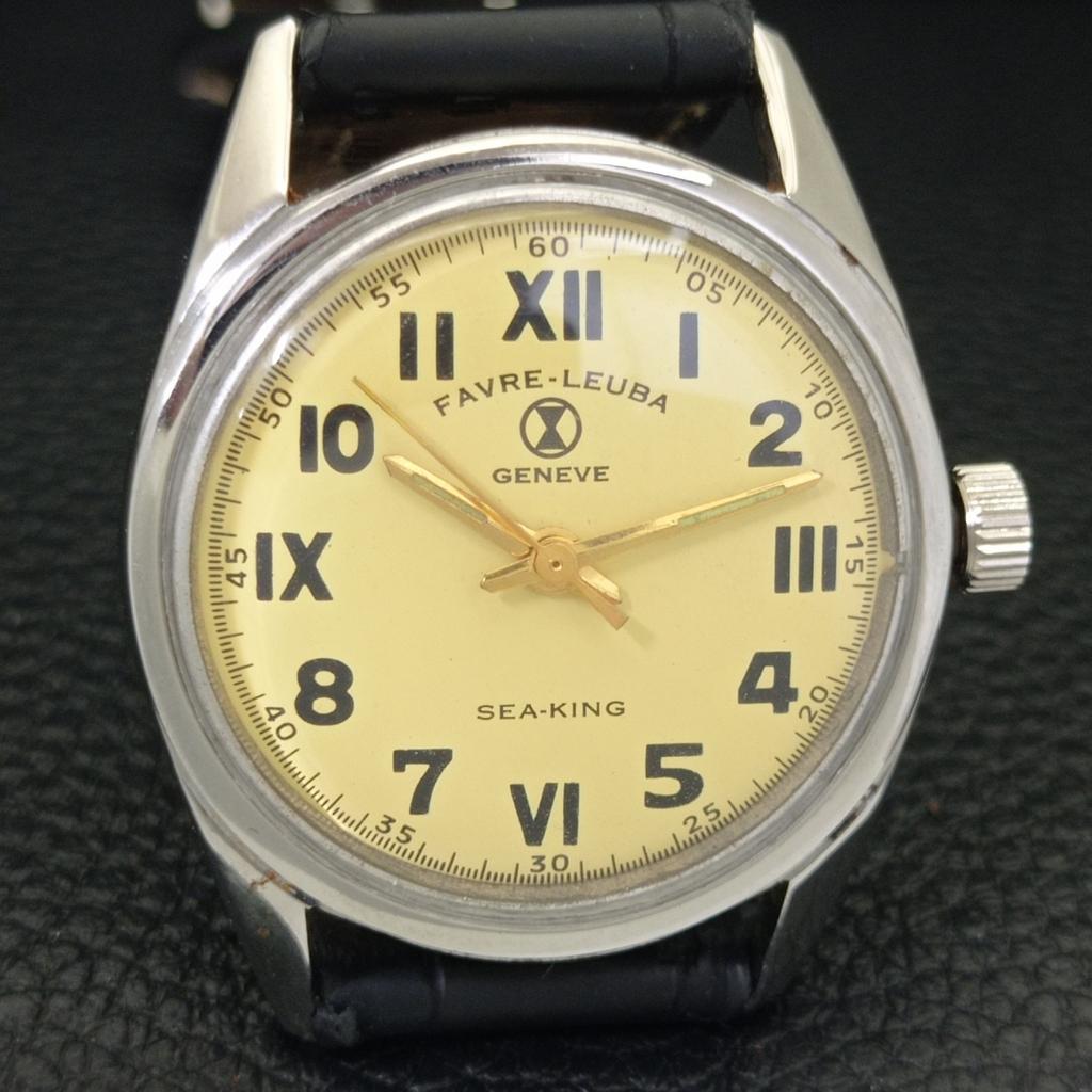 HAND-WINDING VINTAGE FAVRE LEUBA 101 SEA KING SWISS MENS BEIGE WATCH A702012-5 R208-a702012