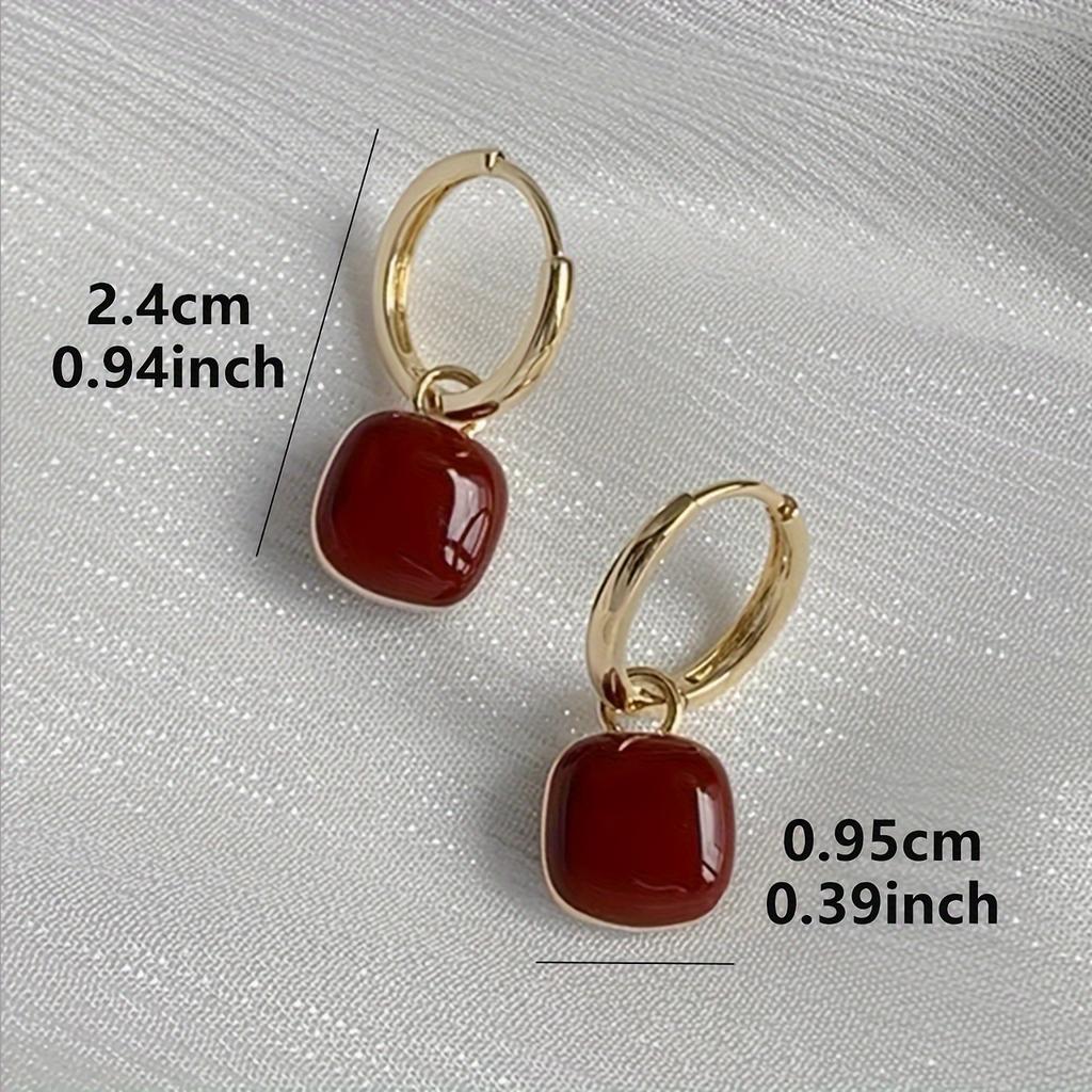 European American Red Square Drop Earrings - French Light Luxury Vintage Dangle, Niche High-End Dating Jewelry for Women