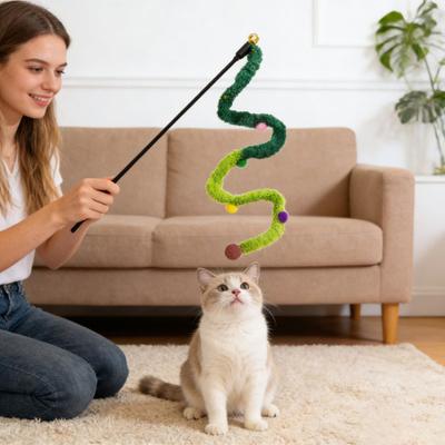 Cat Wand Toy Interactive Cat Teaser with Bell Colorful Pom Poms Plush Tail Cat Teaser Wand for Indoor Cats Kittens