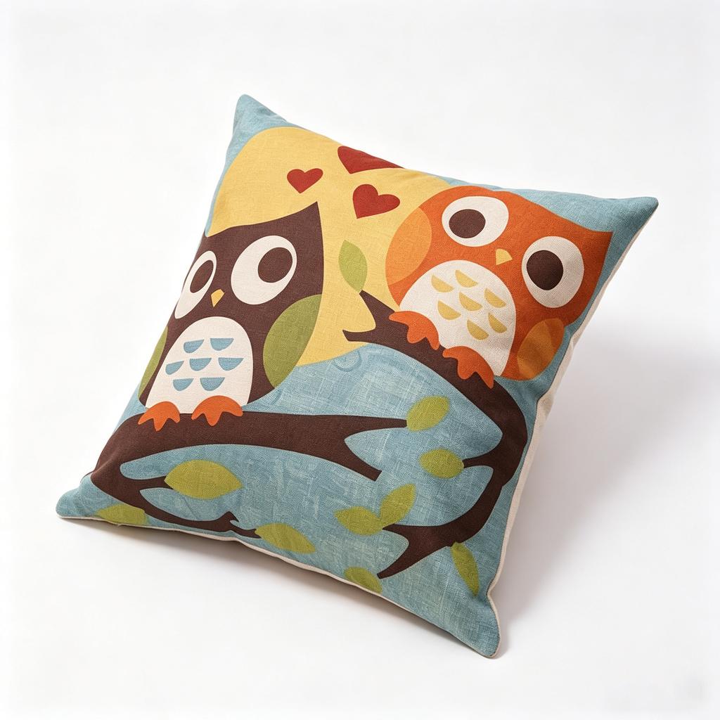 Cute Owl Couple Throw Pillow Cover, Cartoon Animal Linen Cushion Cover for Kids Room & Romantic Home Decor
