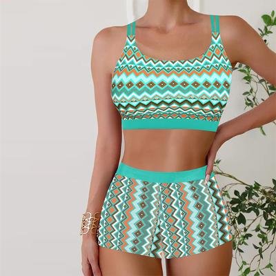 Damen Bademode Tankini 2-teiliger Badeanzug Grüne Welle Diamant-Druck Urlaubsbadeanzug