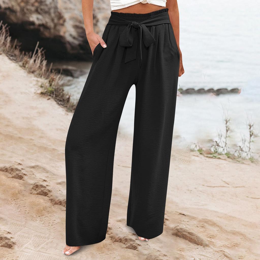 Women's Wide Leg Pants With Pockets Lightweight High Waisted Adjustable Tie Knot Loose Trousers