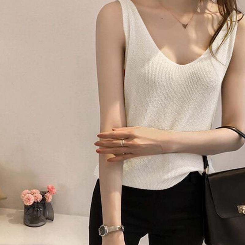 Korean Elegant Shiny Silk V-Neck Sleeveless Versatile Casual Knitted Vest For Women