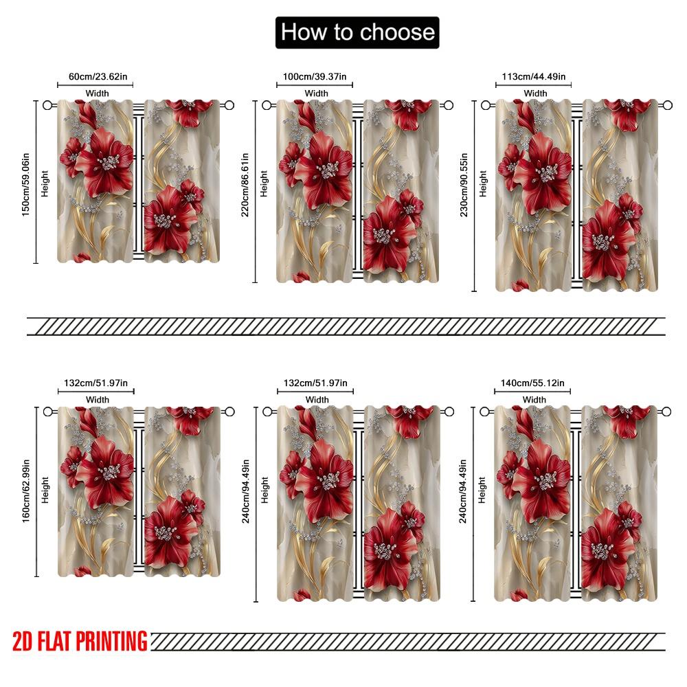 Flat Printing Drapes Red Floral Seal Digital Printed Polyester Holiday Decorations Use Event Curtain Set Of 2 Elegant Made Washable