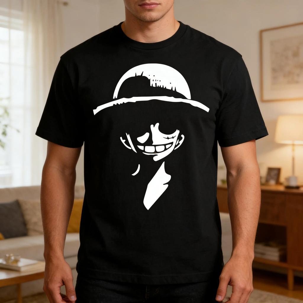 Cotton Luffy Hat White Silhouette Print Casual Streetwear Tee Mens One Piece Anime TShirt Blackfor Otaku Daily Campus Home