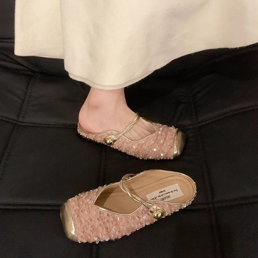 Women's Bag Head Half Slippers, Women's Summer Wear Black Sequins, Fairy Evening Shoes, Flat-soled Small Fragrant French Sandals