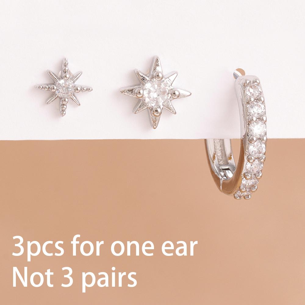 3PCS Stainless Steel Twinkle Star Ear Piercing Ear Stud Round Earrings For Women Zircon Tragus Helix Cartilage Piercing Jewelry