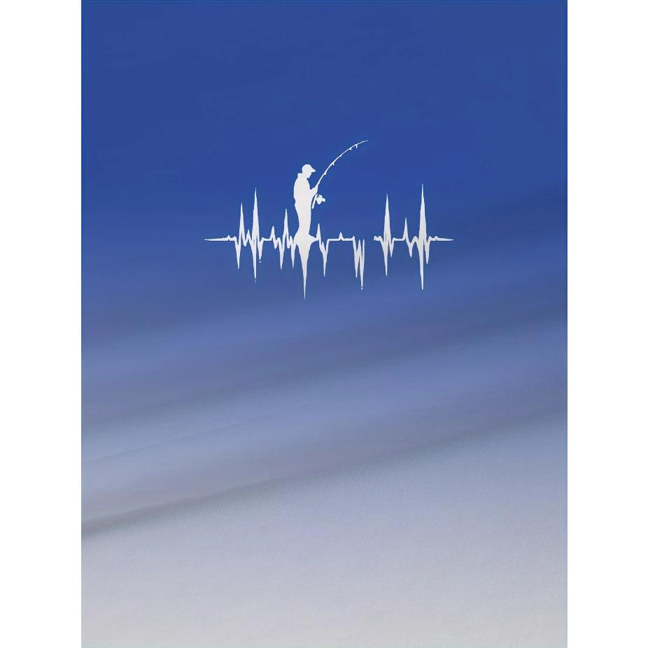 Vibrant Style| Big & Tall Men's Gradient Fishing Graphic Tee - Casual Polyester Short Sleeve, Summer Print with Heartbeat Fishing Gear, PLUS SIZE