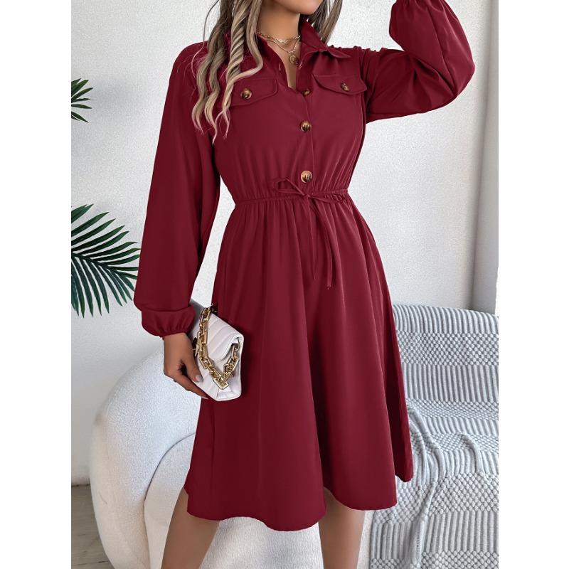 Autumn and Winter Casual Button Lace Waist Long-sleeved Shirt Skirt, Elegant Temperament Ladies Long-sleeved Dress Commuter All-match