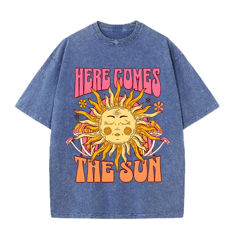 Vintage Black "Here Comes The Sun" T Shirt Retro Psychedelic Sun Acid Wash Tee
