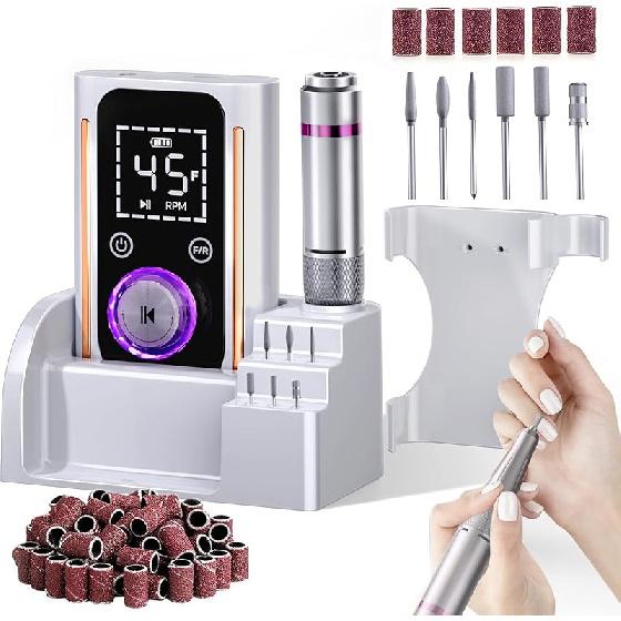 Nail Drill, Portable Electric Nail File 45000RPM, Rechargeable Nail Drill Professional with Bits & Base, for Acrylic Gel Nails, E-File Machine, белый