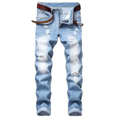 European And American Men'S Ripped Hole Waist Straight Tube Oversized Slim Fit Jeans Trend Blue Denim Pants