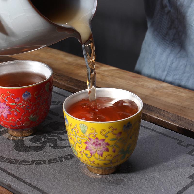 6Pcs silver mouth cup sterling silver tea set,  teacup kung fu enamel colored silver  bag  liner master