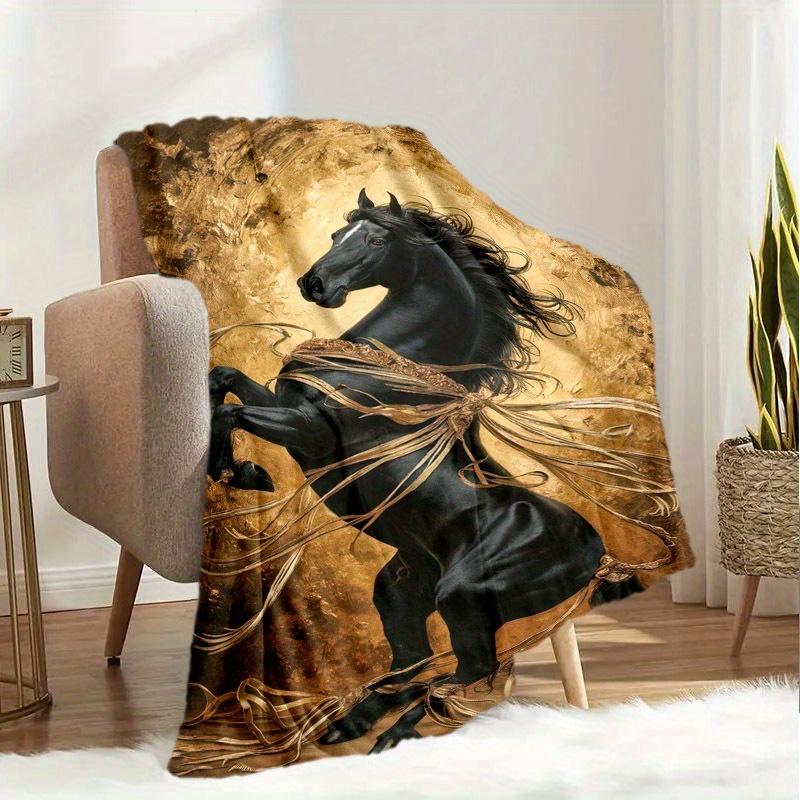 Contemporary Golden Black Mane Horse Pattern Polyester Bed Blanket - Tear Resistant, Hand Wash, All Seasons Knitted Sofa Bed