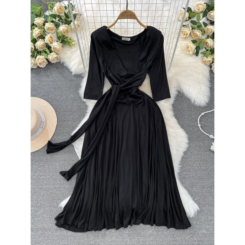 

Summer Fashion Lightly Mature Socialite Elegant Short Sleeve V-neck Waist-Controlled Slimming Lacing Mid-Length A- line Large Hem Dress Black All yards