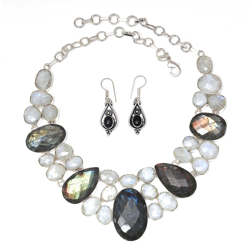 Moonstone Facited  LabradoriteGemstone Jewelry Necklace &Earrings 18-20''