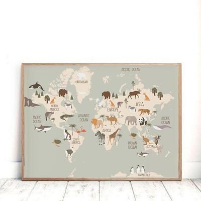 Animal World Map Nursery Wall Art Canvas PaintingPictures Kids Room Decor Scandinavian Posters and Prints Cute Animals Cartoon