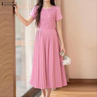 Rochie de vară pentru femei, cu gât rotund, mânecă scurtă, casual, cu petice din dantelă