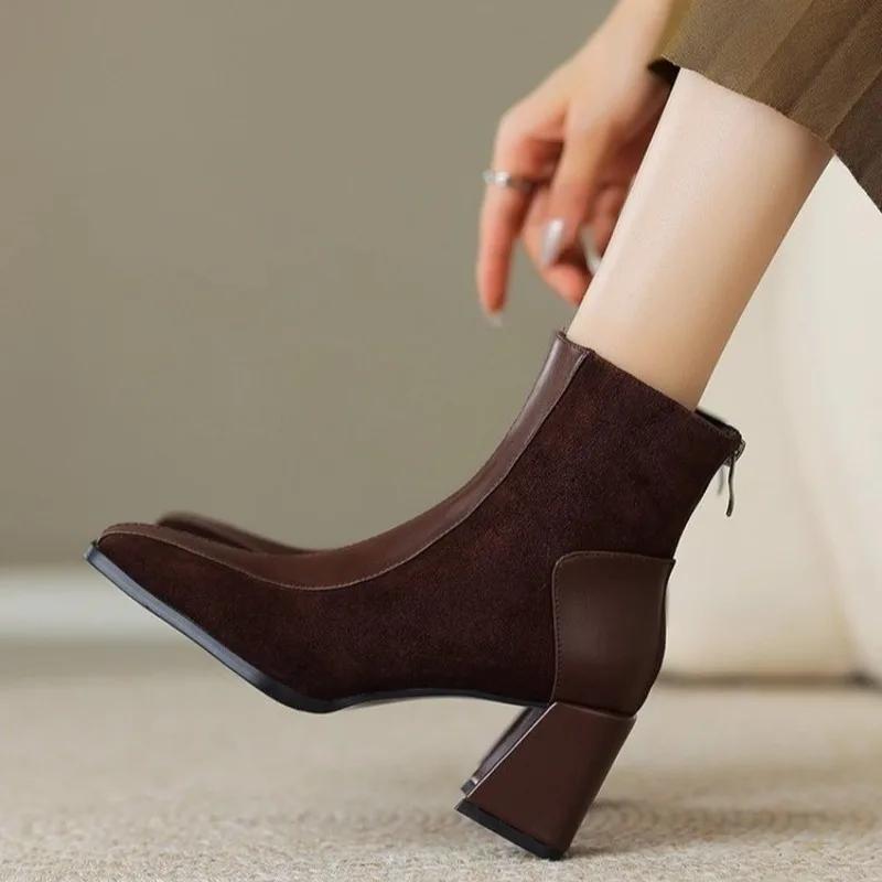 Fashion Vintage Square Toe Block Heel Booties Women's 2025 French Rear Zip Heel Single Boots Ankle Boots