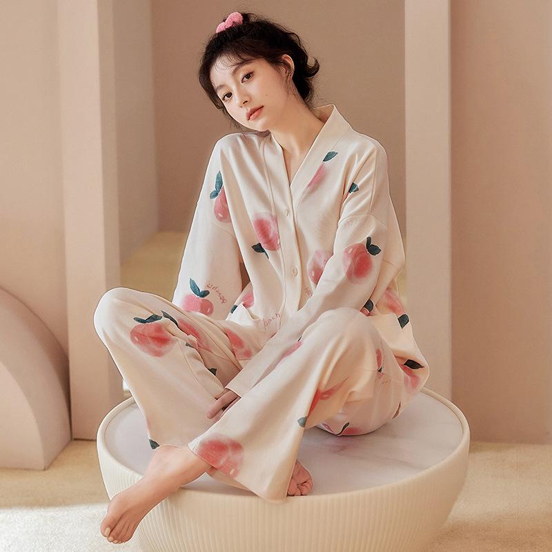

Women s V-Neck Kimono-Style Cartoon Pajama Set - Long Sleeve, Casual, Imitation Cotton, for Spring and Autumn. L (48-57 kg)