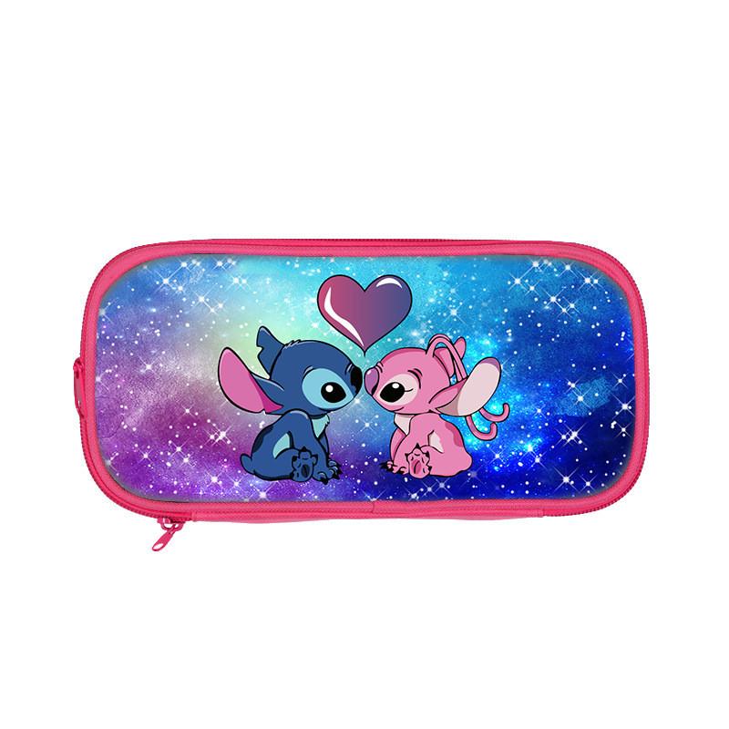 Stitch And Angel Cartoon Print Student Double Layer Stationery Storage Bag For Kids And School Use