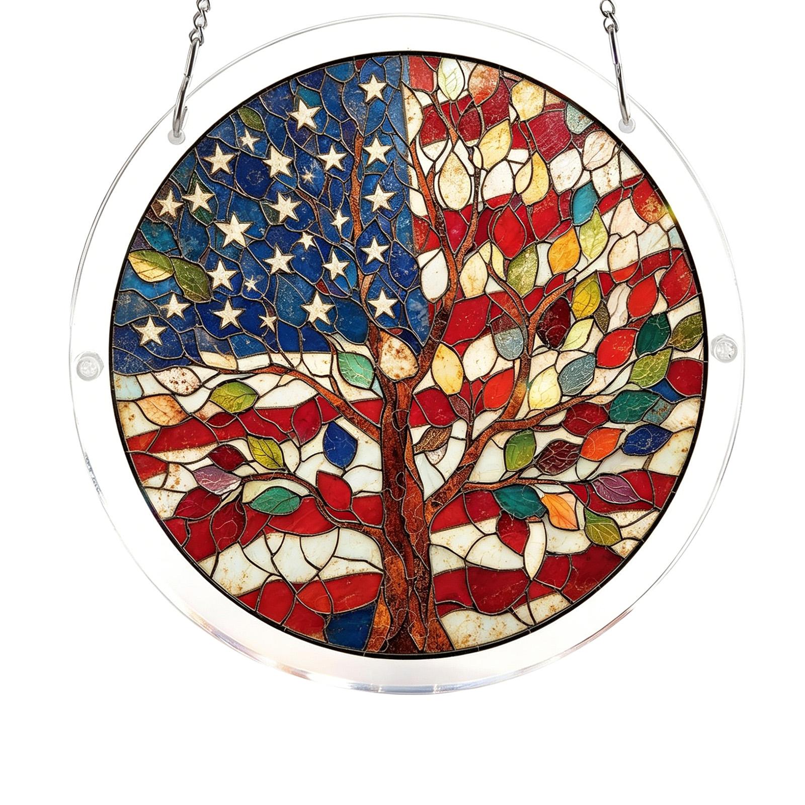 

Round Stained Glass Panel with Parade Truck and Flag Design Hanging Window Decoration for Home Office One Size