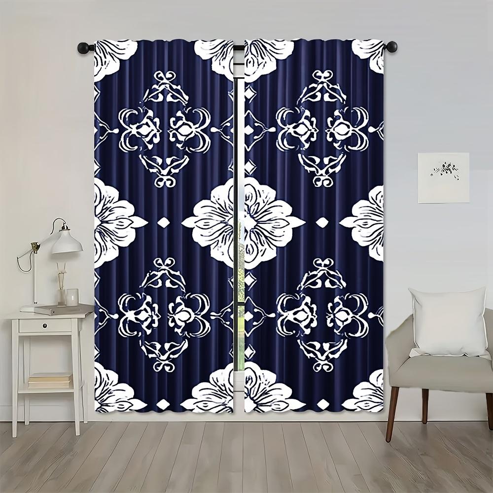 2pcs Navy Blue Floral Print Curtains - Light Filtering Polyester Rod Pocket Drapes for Bedroom   Living Room & Office Decor   All-