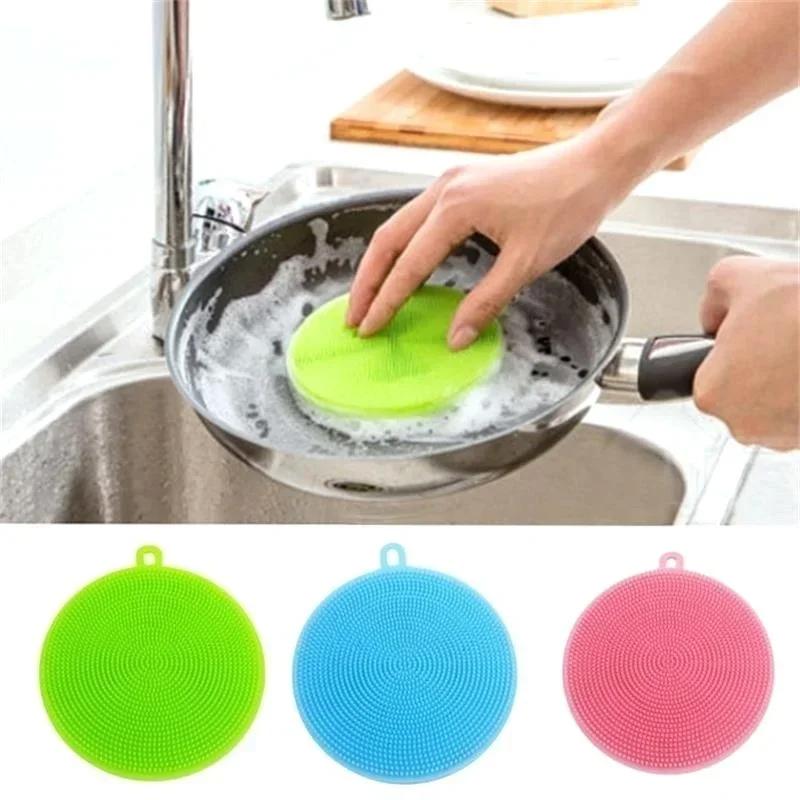 Kitchen Portable Dish Washing Scrubber Silicone Bowl Cleaning Brush Cloth Scouring Pad Pot Kitchen Cleaning Dish Sponge Tools