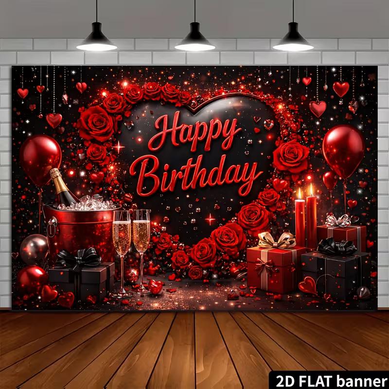 2D Red Black Happy Birthday Backdrop with Roses & Champagne