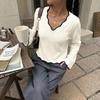 2026 Fall/Winter Color Block V-Neck Knit Sweater - Casual Wave Edge Short Wool Top
