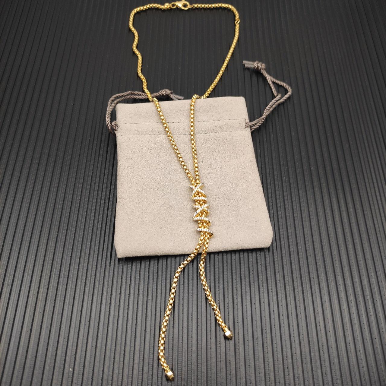 DY High-Quality Silver-Plated Square Box Chain Diamond Necklace. Gold-Plated Tassel Diamond Necklace. Jewelry . 45+5cm