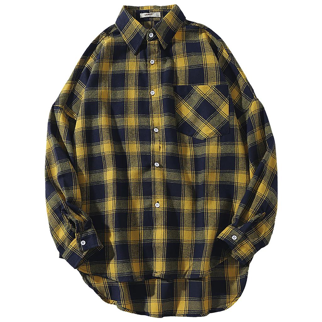 Herr Casual Mode Rutig Tryck Lös Kavaj Långärmad Skjorta Toppar Blus