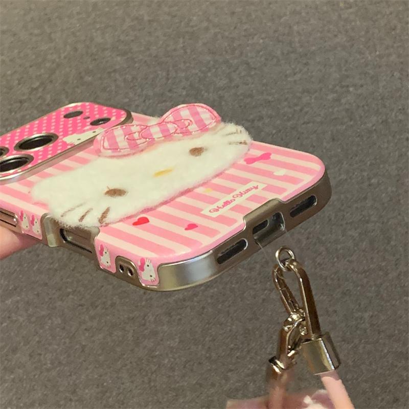 Fashion Pink Stripe Cute Hellokitty Phone Case For iPhone 17 Pro 16 15 14 Pro Max Cover with Hand Strap Shockproof Protective Ca