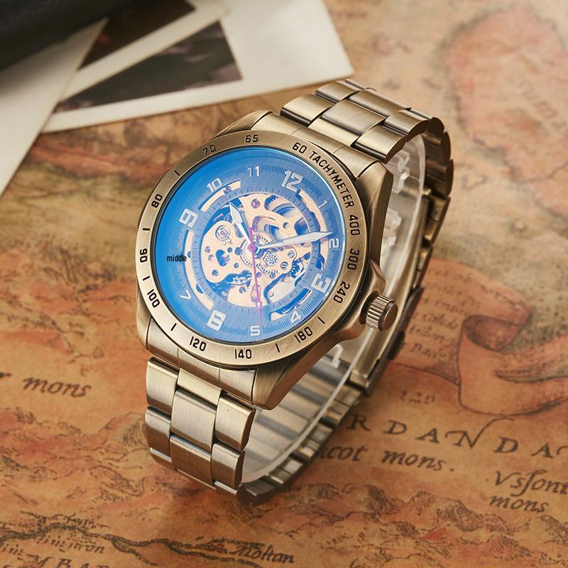 Pánske retro bronzové mechanické hodinky - Dutý dizajn, Automatický pohyb