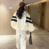 Womens Oversized Faux Fur Coat With Contrast Color Panel Thick Fleece Lined Winter Jacket Korean Style Long Sleeve Outerwear