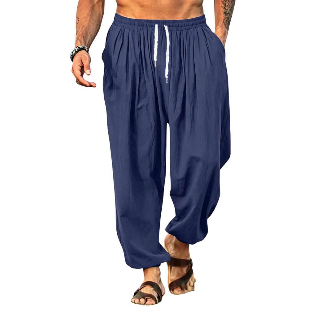 Linen Pants Men Drawstring Waist Relaxed Fit Mens Linen Pants Casual Lightweight Mens Beach Pants Comfortable Men Linen Pants for Daily Wear
