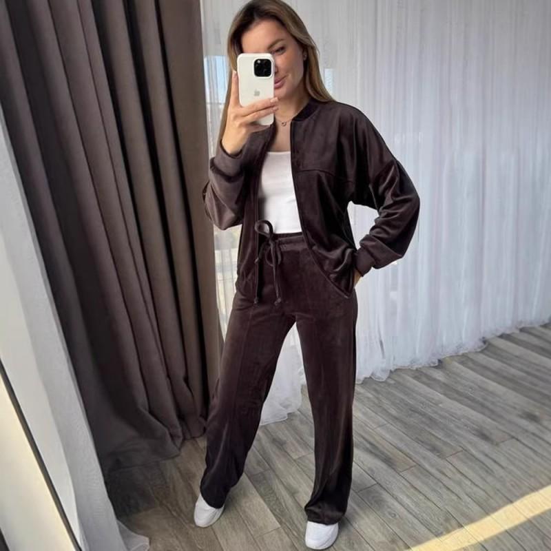 Womens Soft Fleece Lounge Set: Zip-Up Hoodie Top Drawstring Wide-Leg Pants Solid Color All-Season Comfort Wear