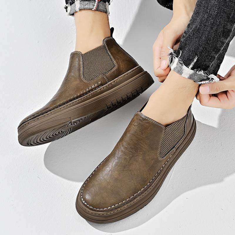 Tooling Shoes Men's 2025 Autumn New Leather Mid-top Chelsea Short Boots Flat-bottomed Non-slip One-pedal Casual Men's Shoes