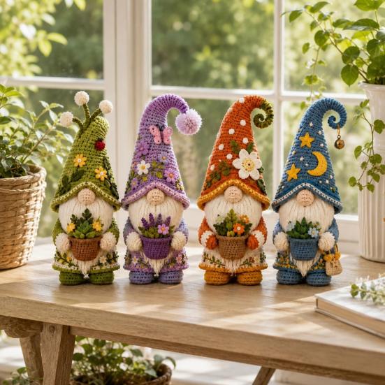 Niedliche Zimmerpflanzentopf-Topper Häkel-Gnom-Figur, Handgefertigte Gestrickte Puppe mit Topfpflanzen, Frühlings-Kunsthandwerk-Sammlerstücke Sommer Schwedischer Tomte