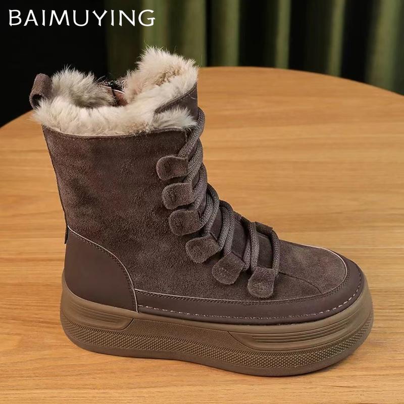 Platform Women Snow Ankle Boots Short Plush Designer Lace Up Cotton Mid Heels Shoes 2025 Trend Winter Warm Walking Botas Mujer
