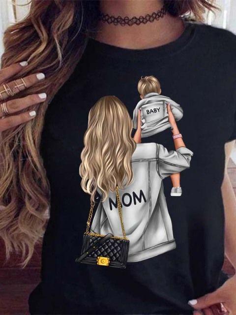Women T Shirt Cartoon Mom Daughter Son Print Lady Tshirts Short Sleeve Tops Womens Kawaii Graphic Female Tshirt Clothe