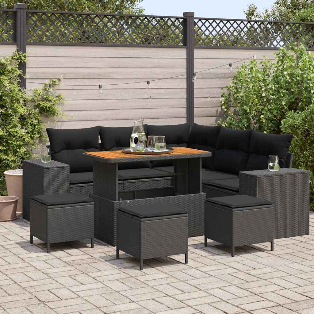 9 Piece Garden Sofa Set with Cushions Black Poly Rattan