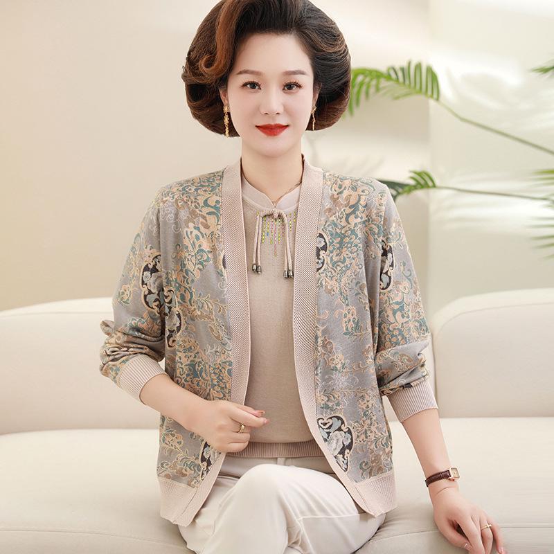 

Mom s Spring 2-Piece Set: Stylish Knit Cardigan & Loose Top for Middle-Aged and Elderly Women L (80-100 lbs) кофейный