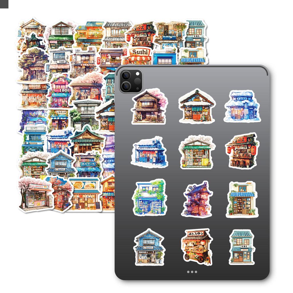 50 Japanese Style Building Series Hand Account Material Decoration Collage Base Sticker Cartoon Hand-painted Graffiti Waterproof Decoration