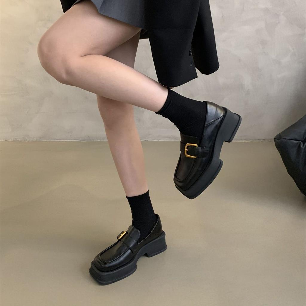 Autumn Winter New Chunky Heel Loafers for Women Vintage Square Toe Thick Sole Slip on Shoes Korean Style Fashion Footwear