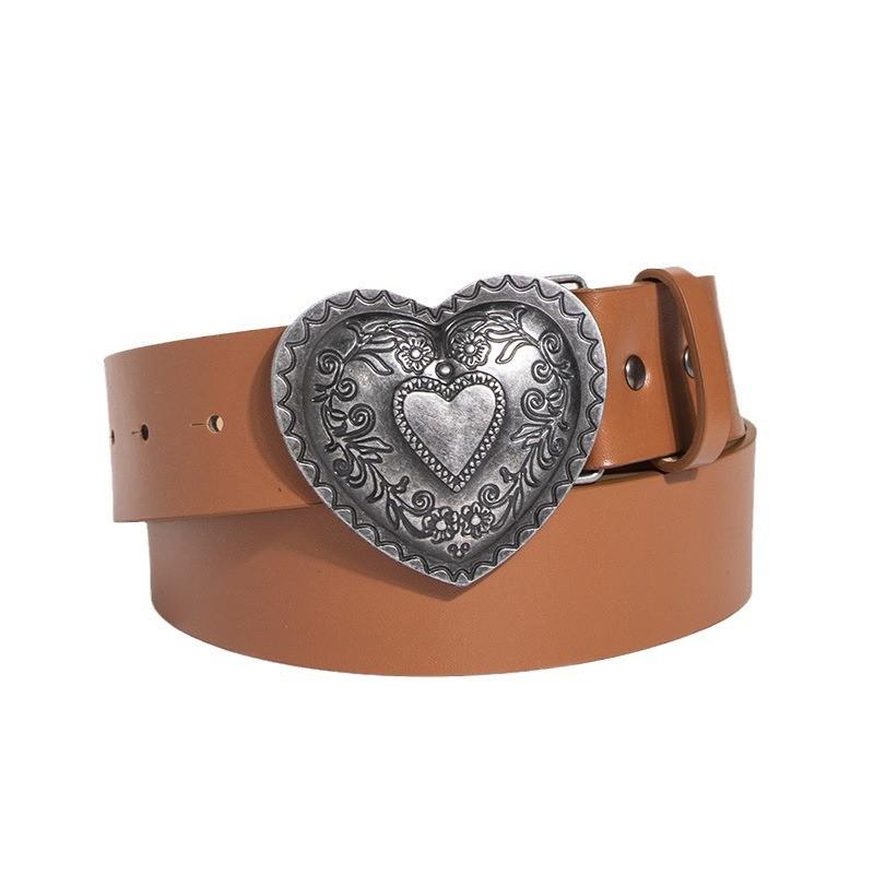 Retro Heart Pattern Leather Look Belt With Pin Buckle For Young Women Casual Fashion