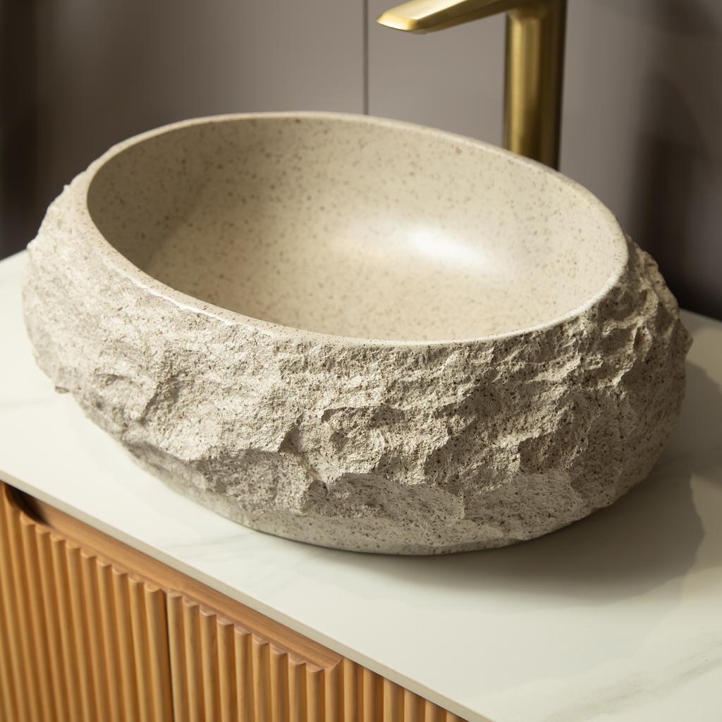 50cm Unregelmäßiges Ovales Harzbecken mit Steinmuster, Künstlerischer Stil, Ohne Armatur, Beige Farbe