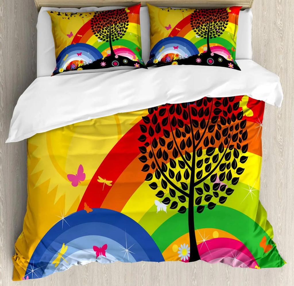 Rainbow Duvet Cover Set,Colorful Abstract Geometric Pattern with Triangle Polygon and Other Shapes Rainbow Bedding Set King Size
