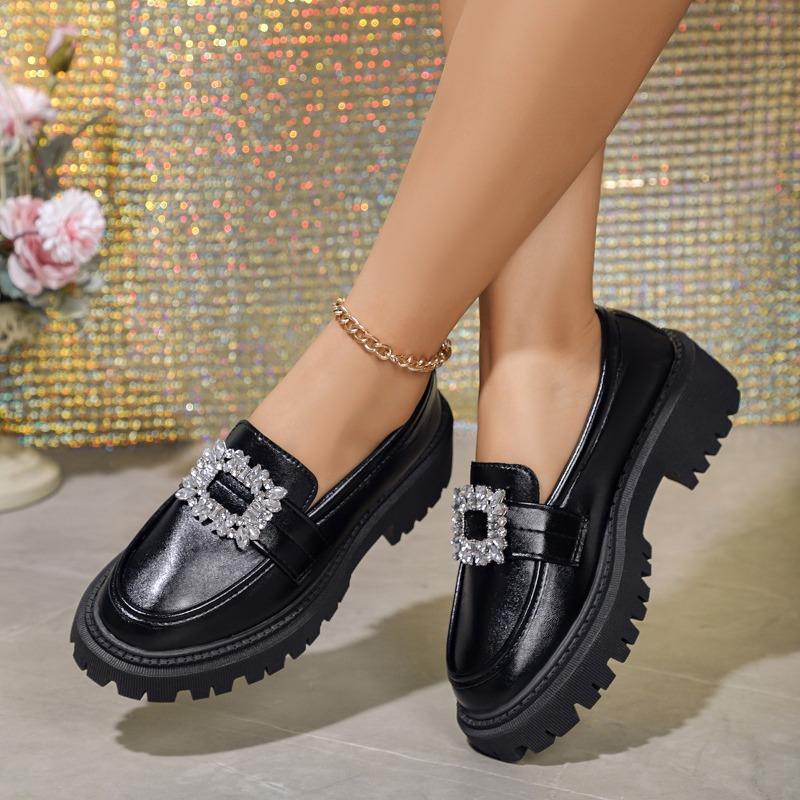 Rhinestone Buckle Shoes Ladies 2025 Thicken Soled Flats Japanned Leather Oxfords Women Casual Slip On Loafers Lolita Shoes