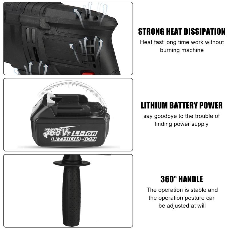 4 IN 1 2 Batteries Rechargeable Electric Hammer Impact Drill for 18V Brushless Cordless Rotary Hammer Drill